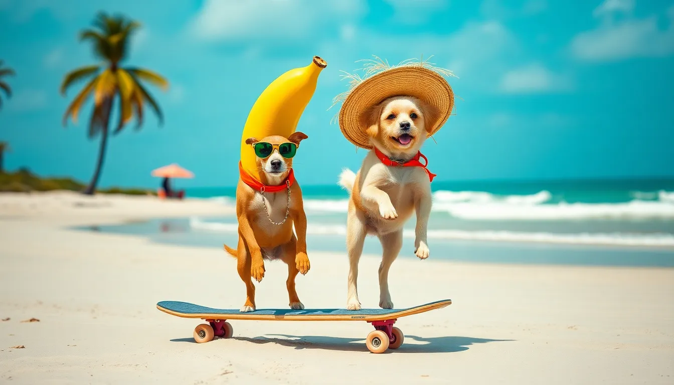 香蕉骑滑板，滑板上有戴大礼帽和假发的狗，背景是海滩