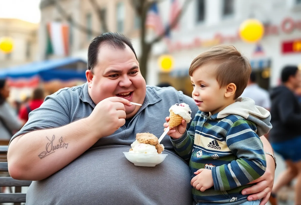 Big fat man eating ice cream with a young child