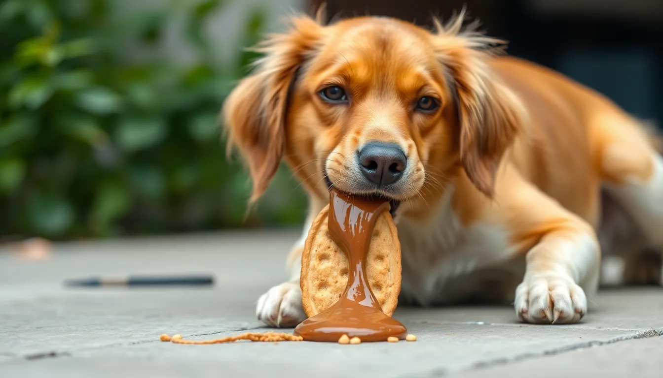 Dog happily eating a biscuit with poop falling from the sky