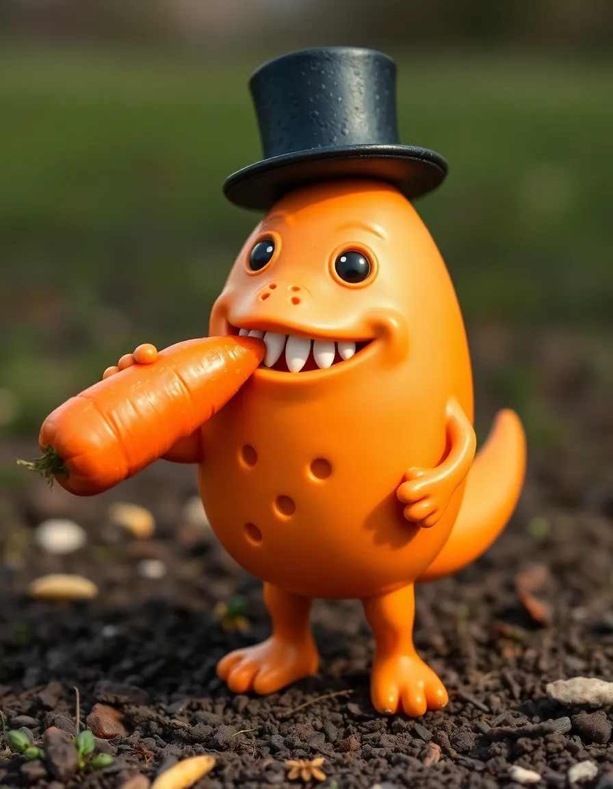 Egg wearing crocs, a top hat, and holding a carrot