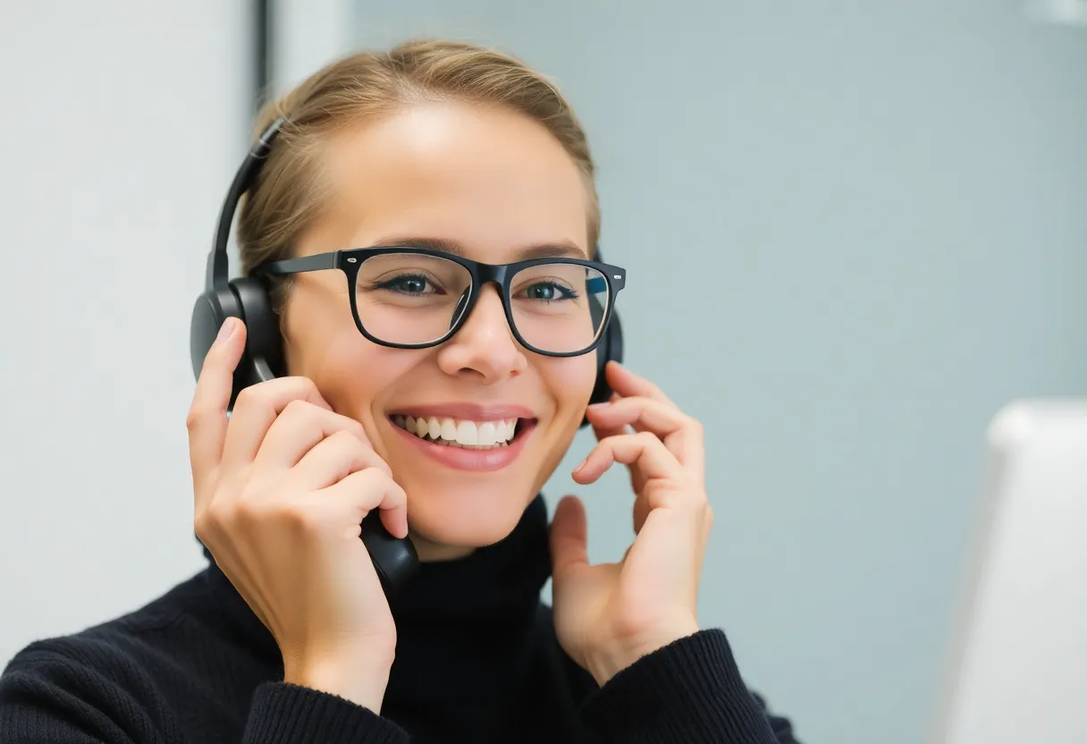 Friendly person speaking on phone smiling warmly