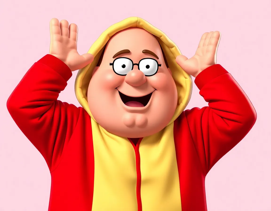 Guy who looks like Peter Griffin wearing a hot dog onesie