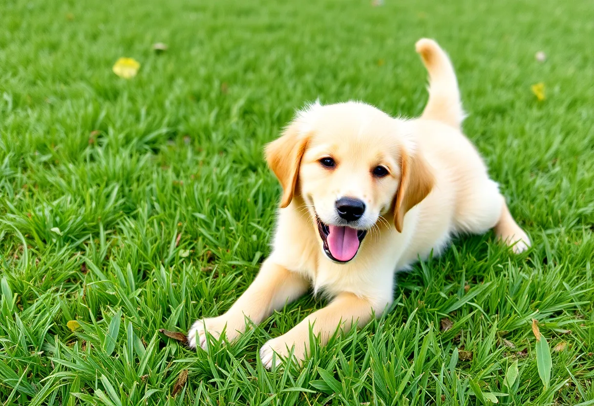 Happy golden retriever puppy playing in grass wearing a sweater