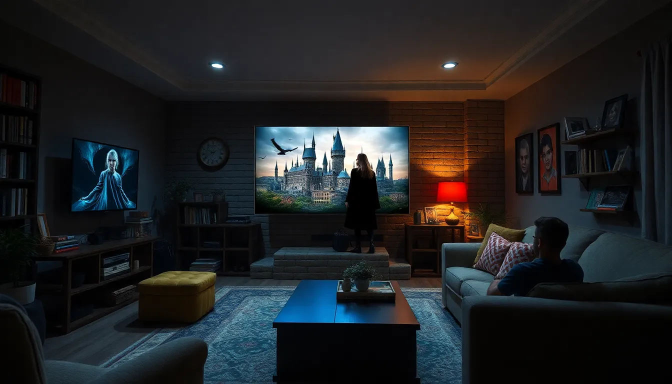 Harry Potter watching the Harry Potter movie in a living room