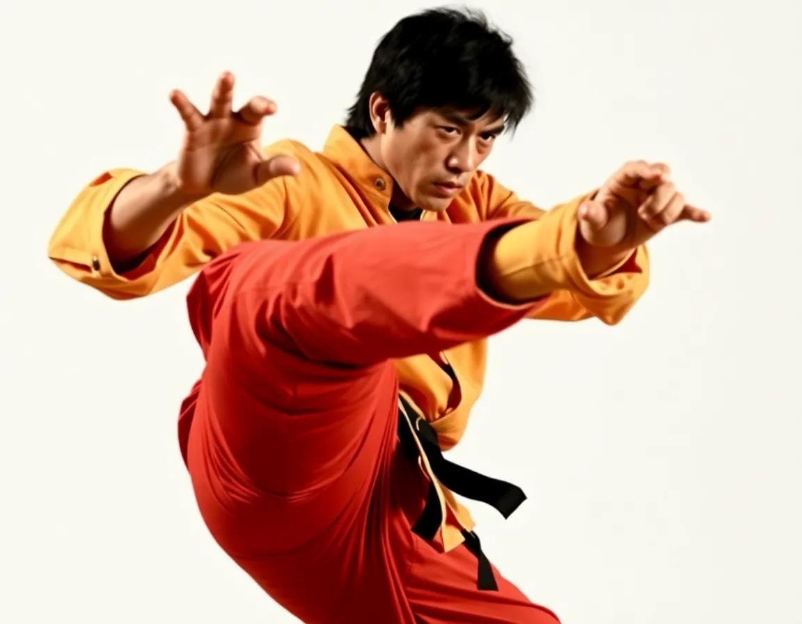 Jackie Chan performing a karate kick
