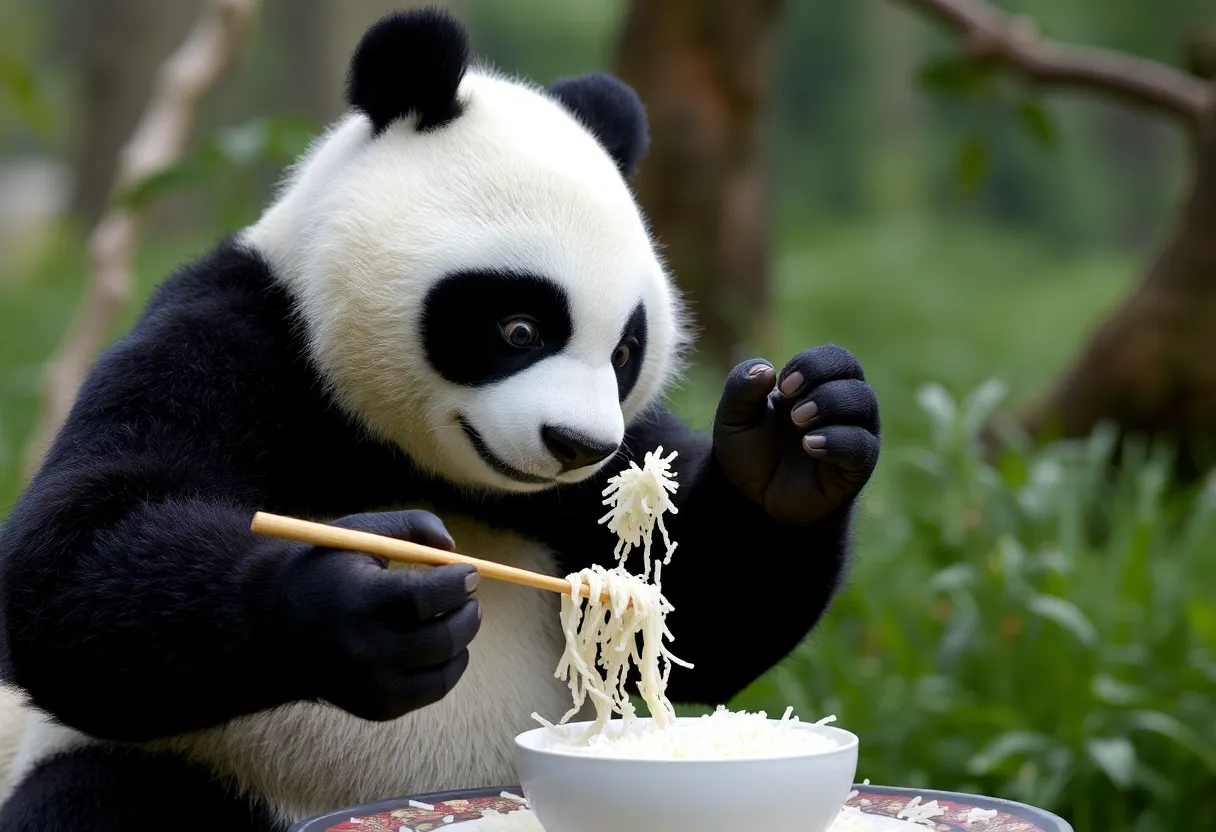 Kung Fu Panda eating rice surrounded by many bowls