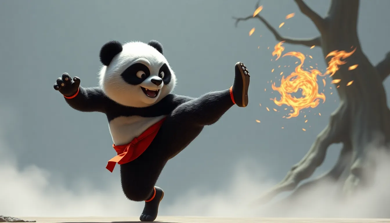 Kung Fu Panda being karate kicked by Jackie Chan