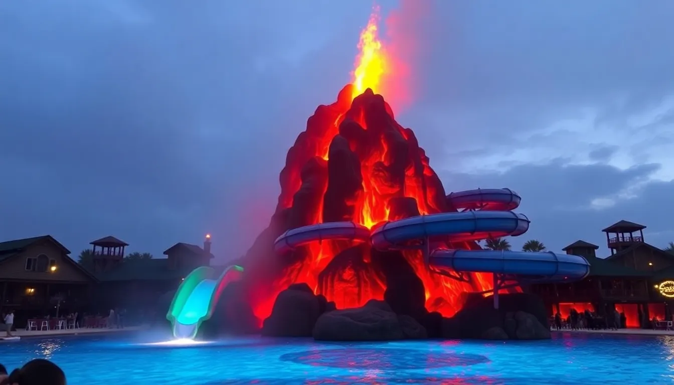 Thrilling water slide with glowing molten lava