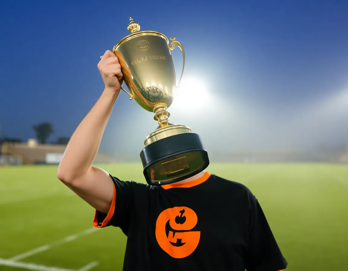Man holding up a trophy wearing a black and orange t-shirt