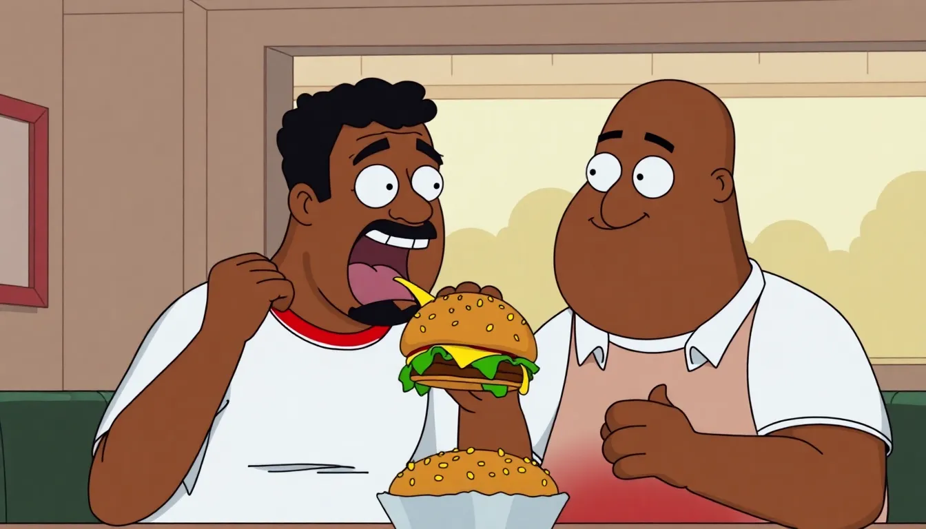 Miles Morales eating a cheeseburger with Peter Griffin in a funny scene