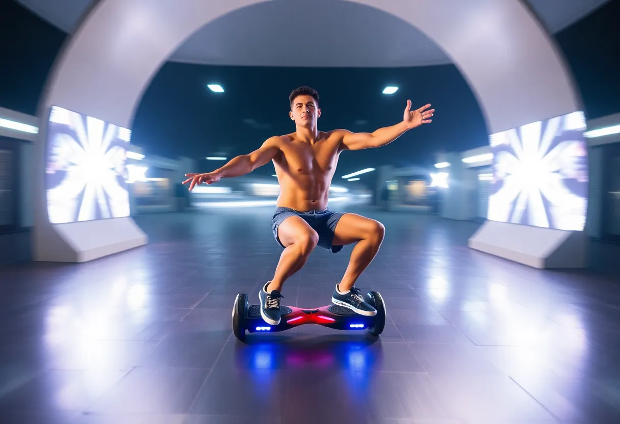 Illustration of a penis riding a hoverboard