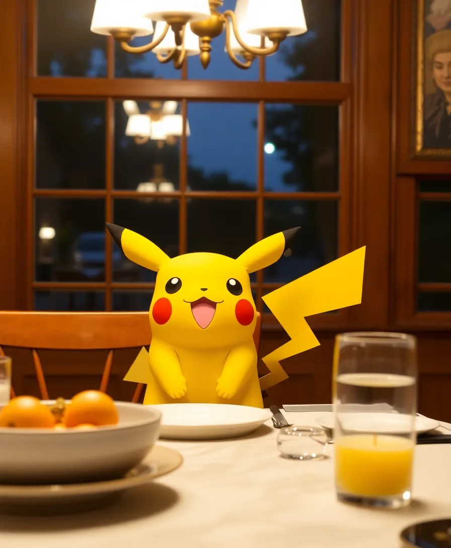 Pikachu at a dining room table