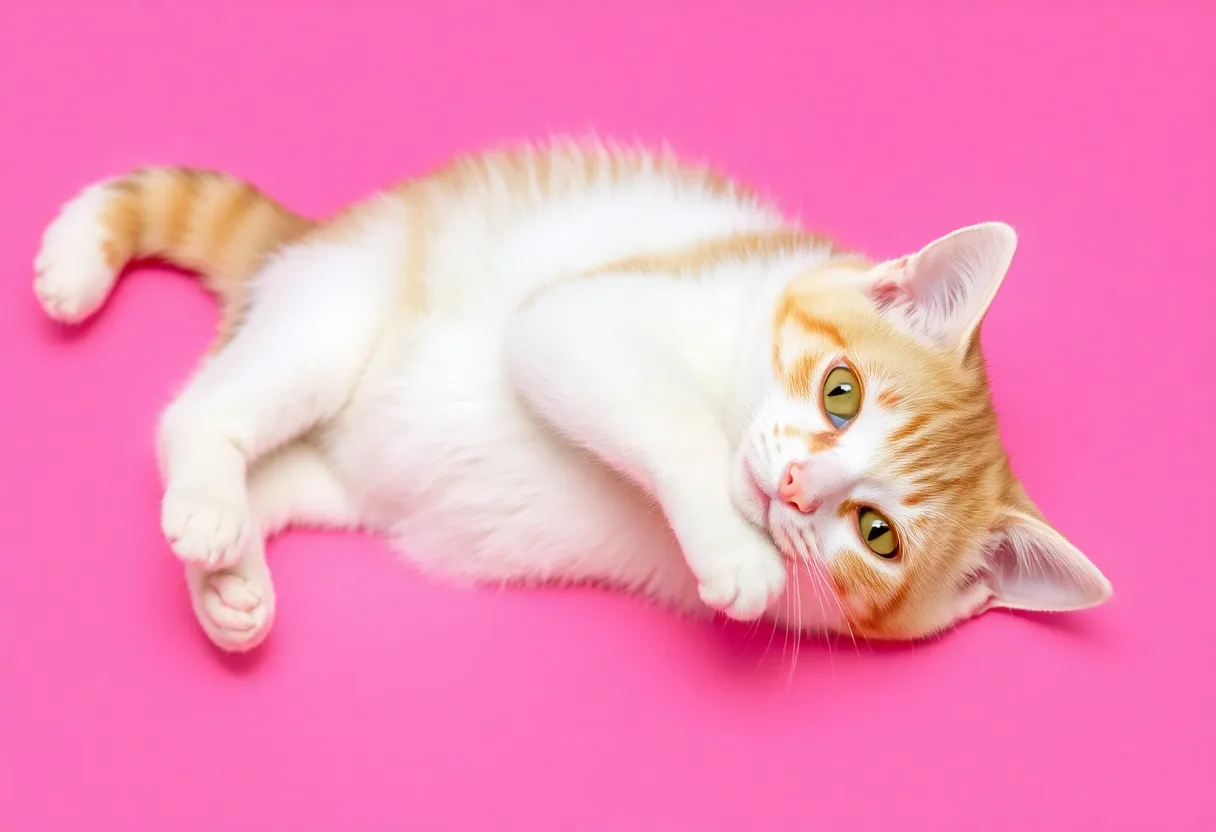 Playful cat on pink background