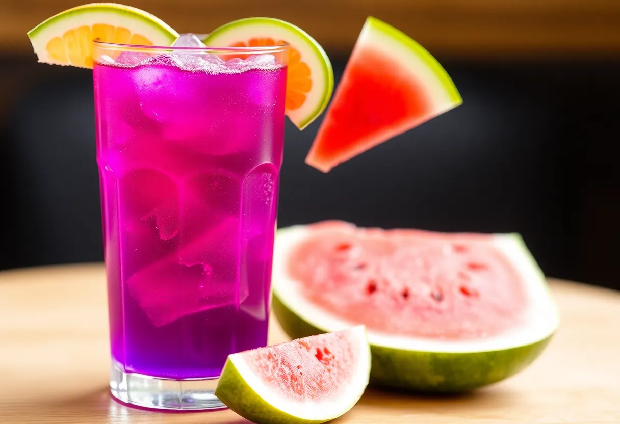 Glass of purple Kool-Aid with ice next to fried chicken and watermelon