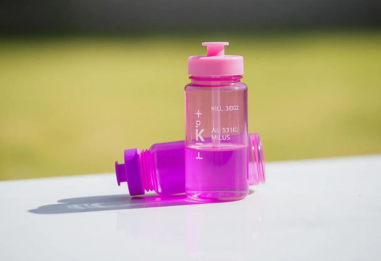 Purple and pink water bottle with K plus L letters and hearts