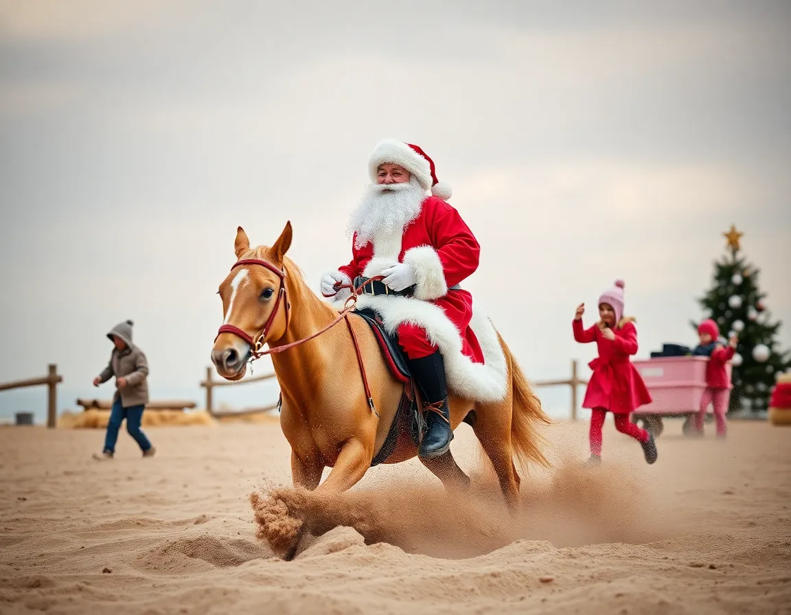 Santa Claus riding over a black and pink Kindergarten with many black children playing in the sand