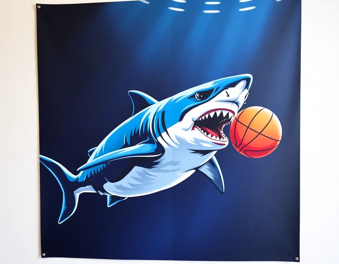 Shark playing basketball with Nirvana poster in the background