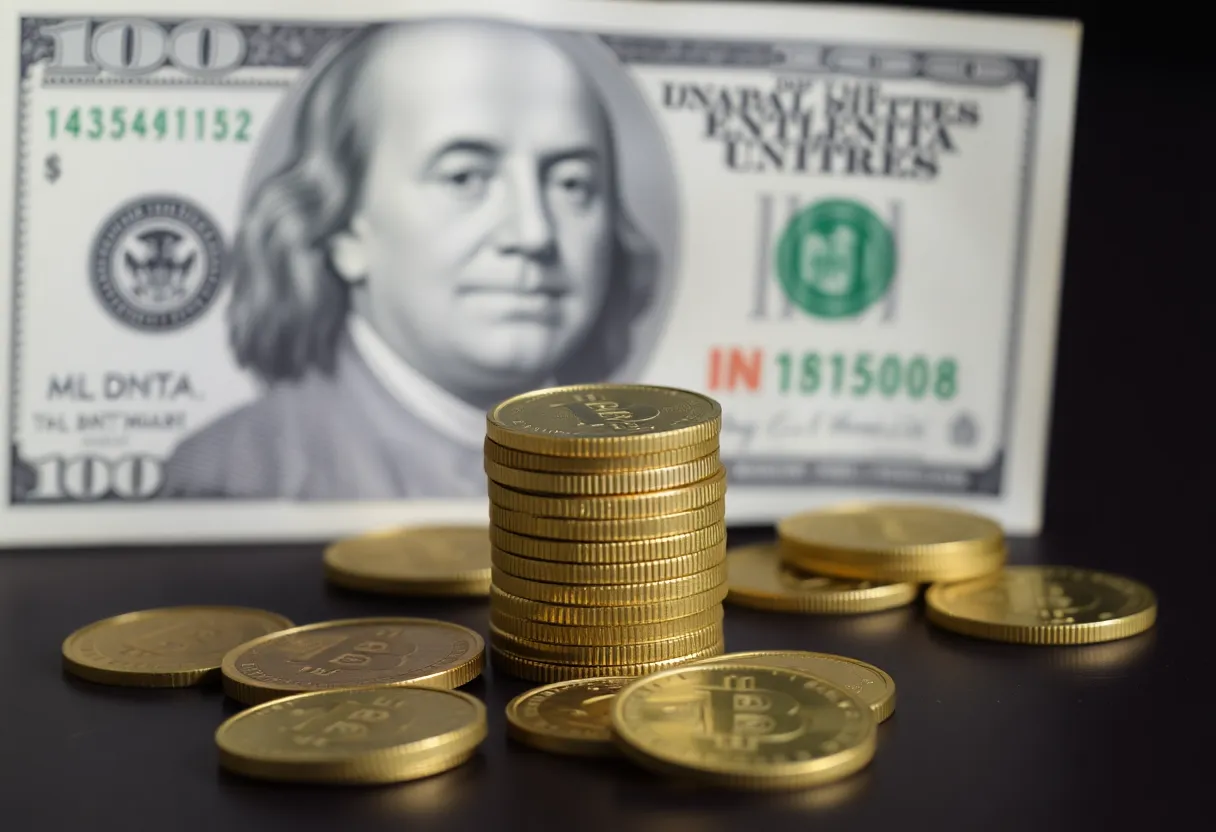 Stack of gold coins and dollar bills