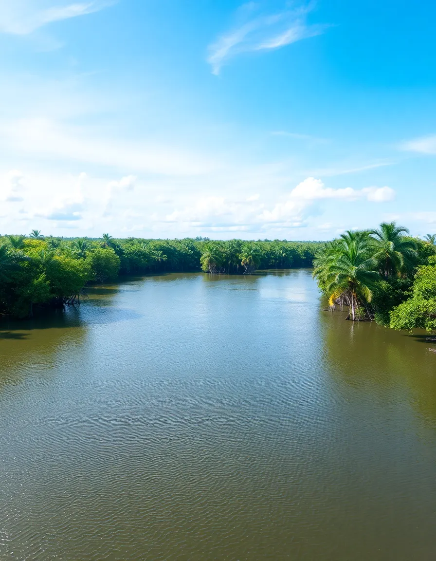 Suriname river and lush tropical trees