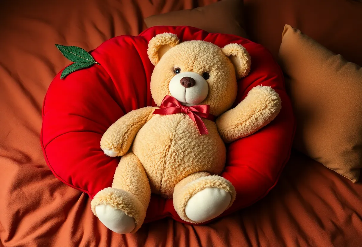 Teddy bear with Peter Griffin's body laying on an apple-shaped pillow