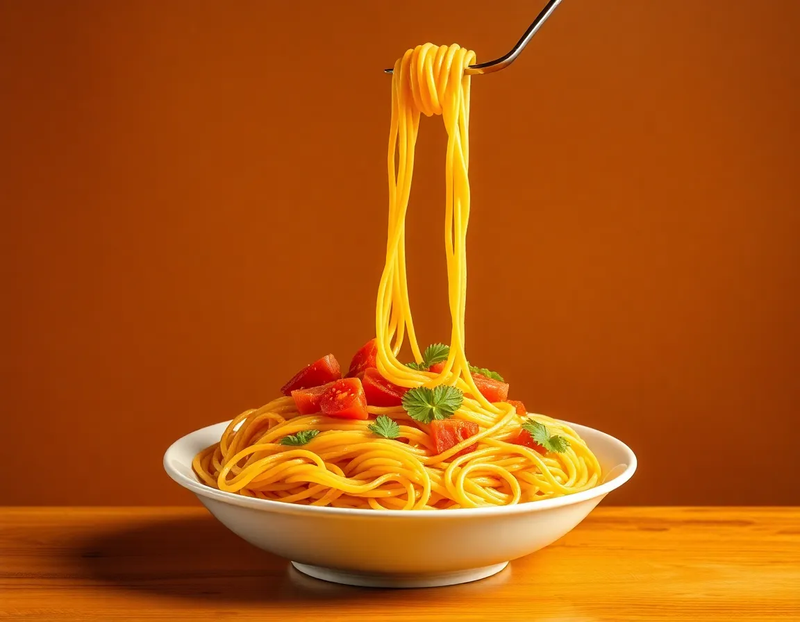 Toon Toon Sahour eating a big bowl of spaghetti with a warm brown background