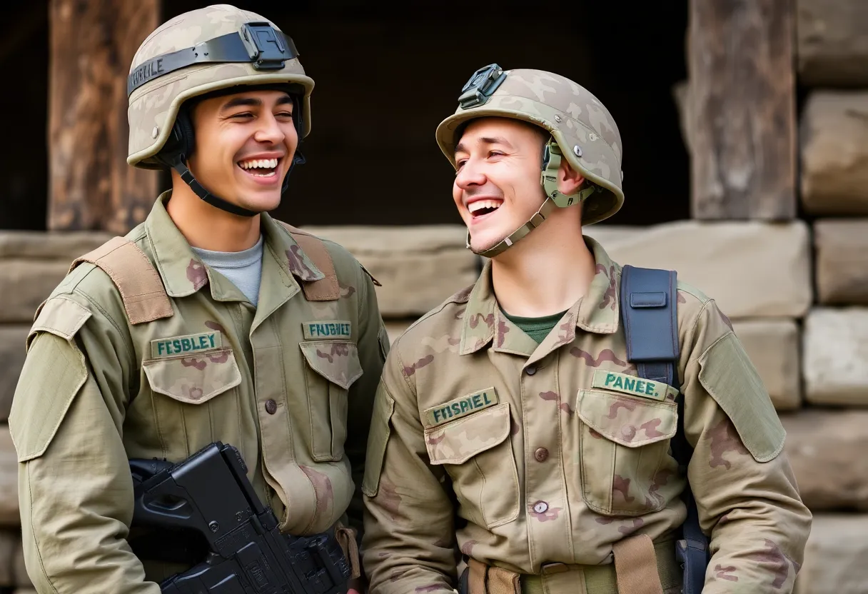Two soldiers laughing together